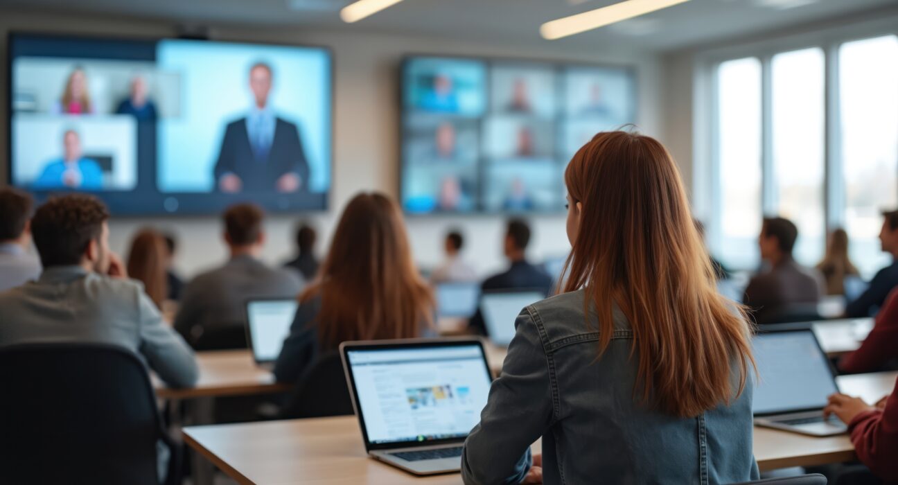 des étudiants dans une salle de classe connectée
