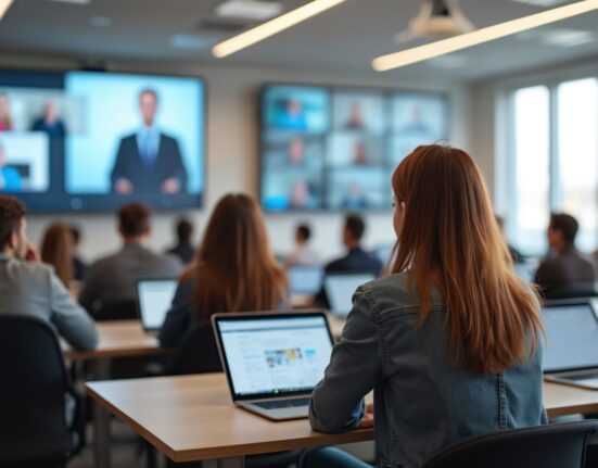 des étudiants dans une salle de classe connectée